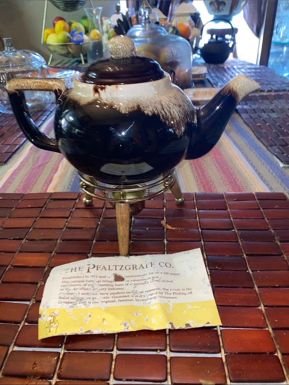 Vintage Pfaltzgraff Brown and Cream Drip-Glaze Ceramic Teapot with Stand